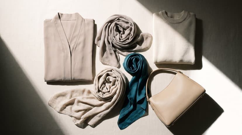 An overhead flat lay of beige, oat and sand modest pieces on linen, with one teal silk hijab as the only colour in the neutral modest fashion palette