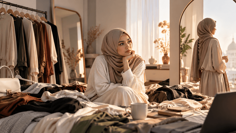 A woman wearing a hijab seated in morning light among clothes, contemplating modest outfit decisions