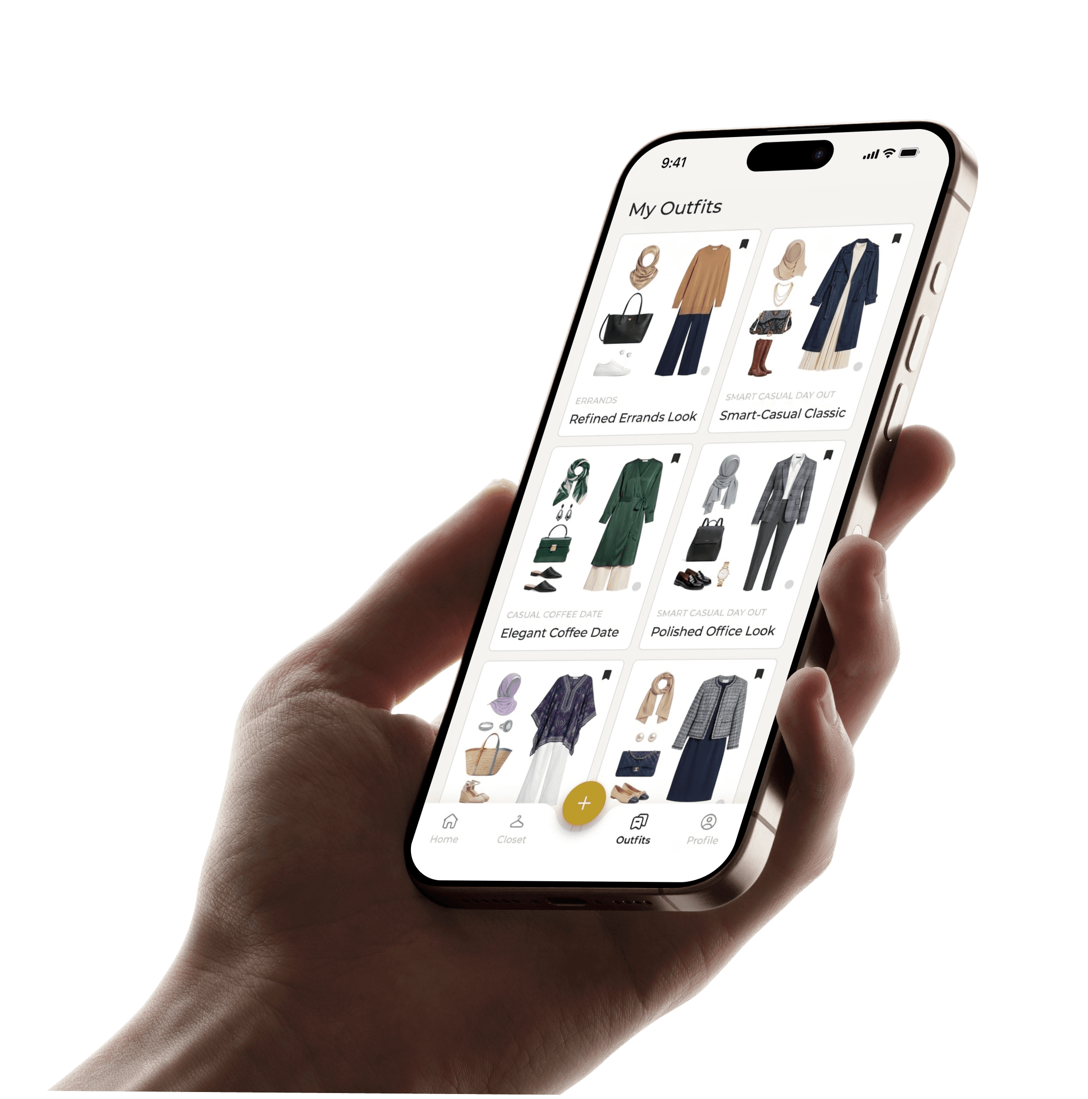 Hand holding iPhone showcasing ALIFF digital wardrobe