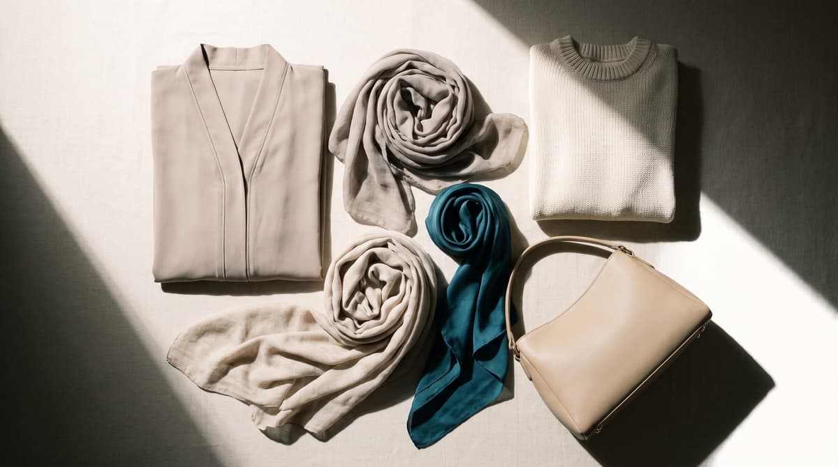 An overhead flat lay of beige, oat and sand modest pieces on linen, with one teal silk hijab as the only colour in the neutral modest fashion palette
