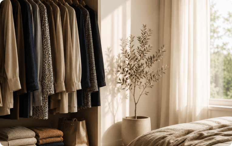 A full rail of neutral abayas and folded knits in a sunlit room, the kind of closet an AI stylist for modest fashion can finally make sense of